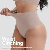 Beige waist cinching garment on a model with text overlay on a light gray background
