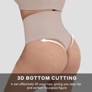 Beige shapewear with text highlighting its effect on hips