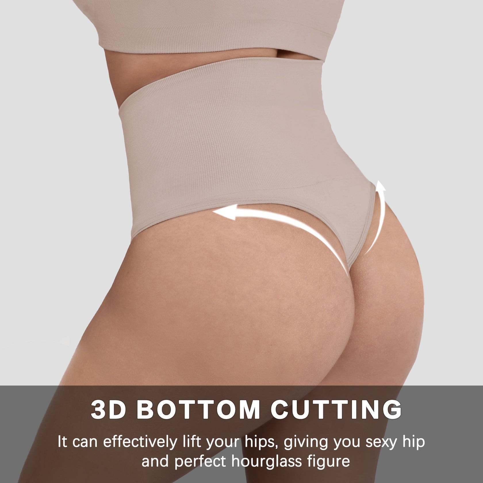 Beige shapewear with text highlighting its effect on hips
