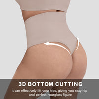 Beige shapewear with text highlighting its effect on hips