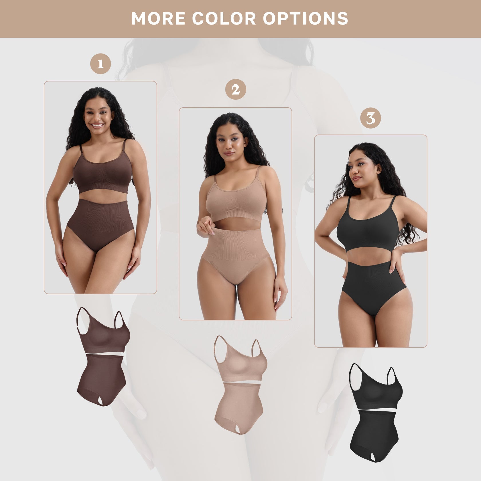 Three women modeling swimsuits in brown, beige, and black with additional swimsuit options displayed below.