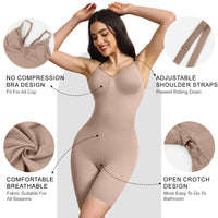 Woman wearing a beige compression bodysuit with features highlighted on a white background